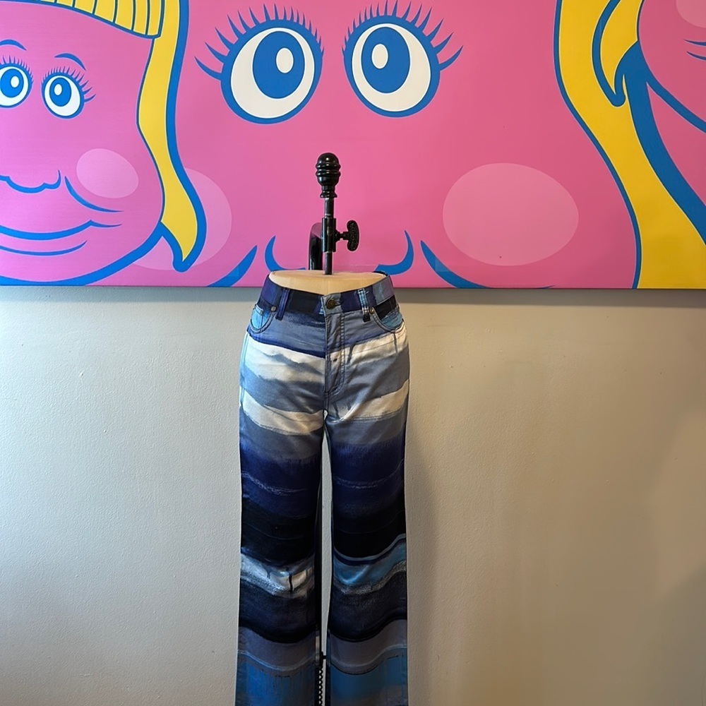 Moschino Jeans Stretch Satin Blue White Pants The Nanny